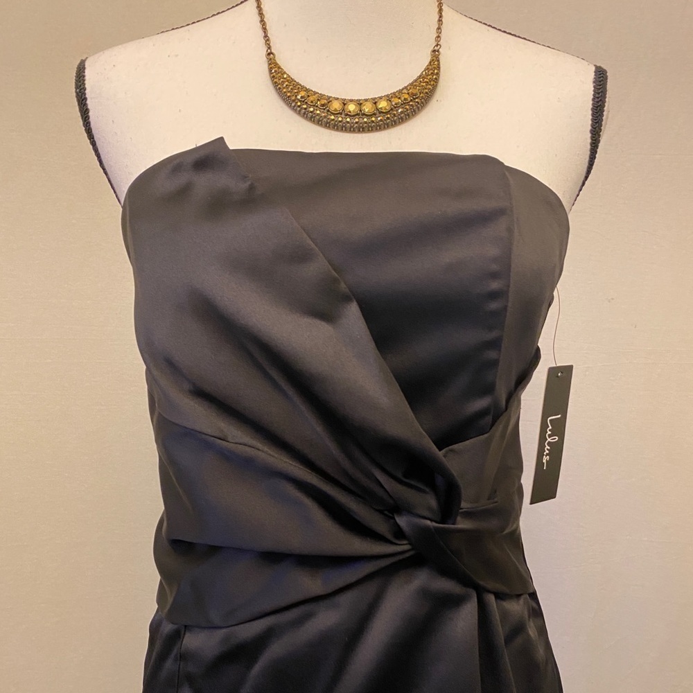 Lulus NWT Black Satin Crossover Sleeveless Rouched Dress, Little Black Dress